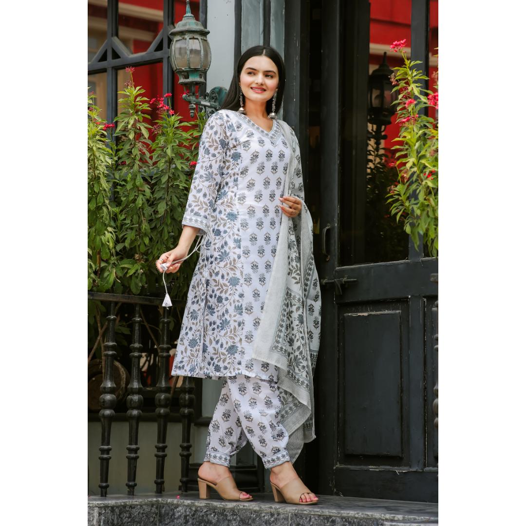 Grey Lace Work Muslin Cotton Kurti Set