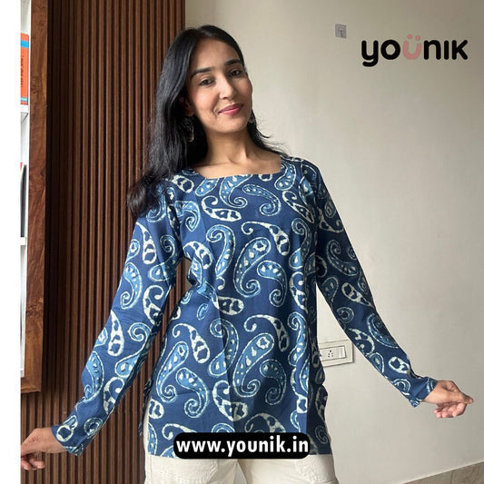 Indigo Blue Paisley Printed Pure Cotton Square Neck Short Kurti
