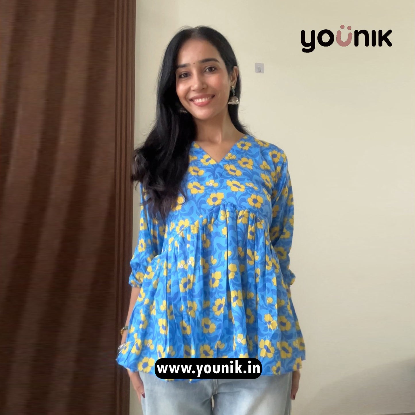 Blue And Yellow Floral Printed Short Kurti