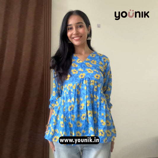 Blue And Yellow Floral Printed Short Kurti