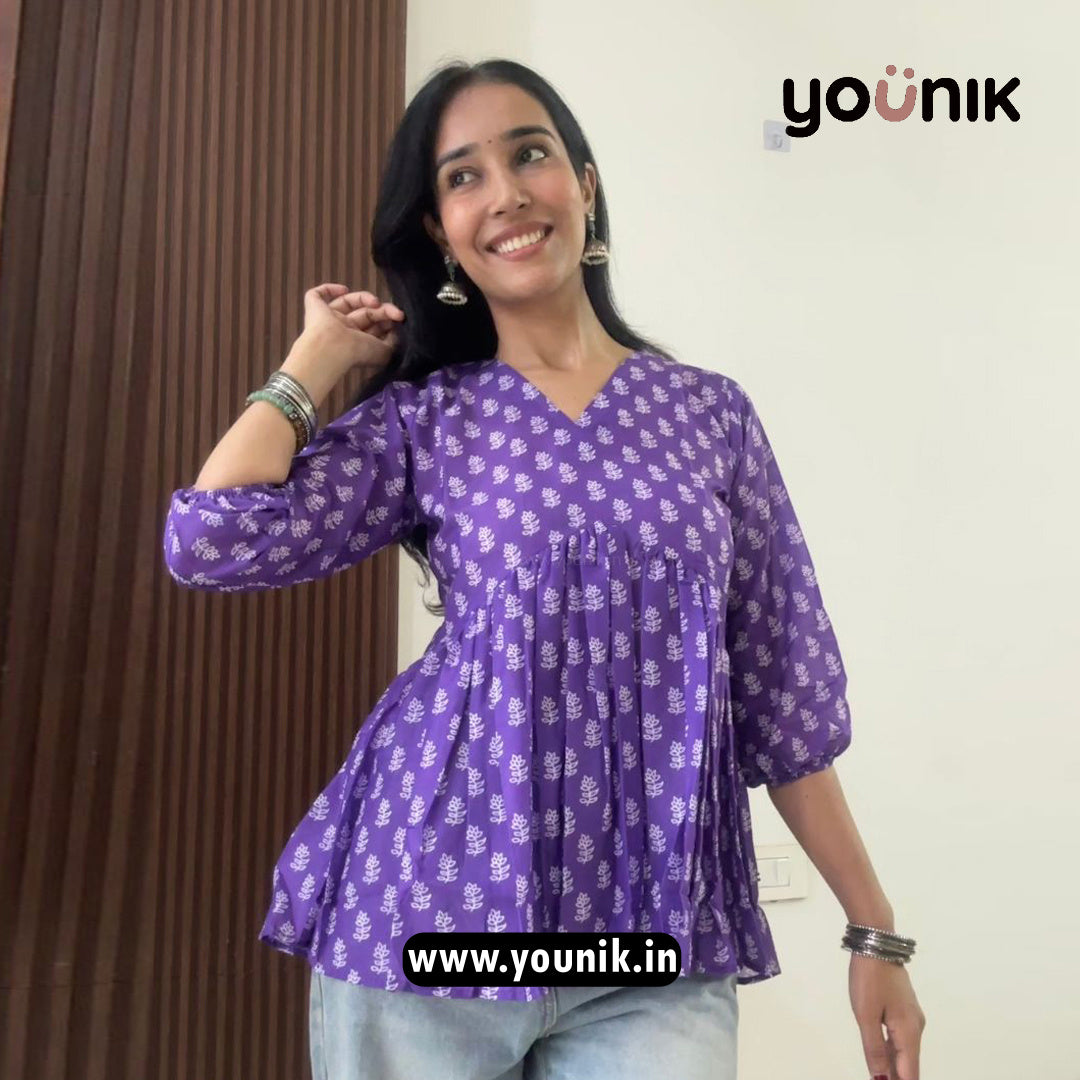 Latest Purple Printed Pleated Short Kurti
