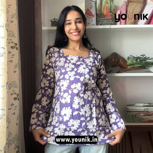 Lavender Floral Pure Cotton Square Neck Short Kurti
