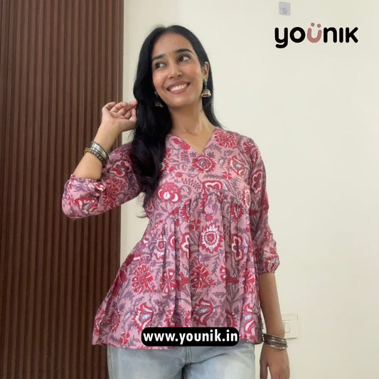Turkish Rose Pink Floral Printed Short Kurti