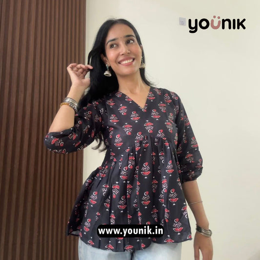 Latest Black Modern Floral Printed Short Kurti