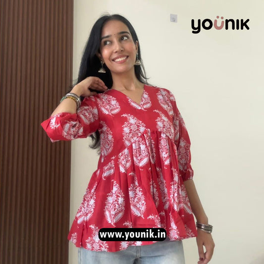 Elegant Red And White Floral Printed Short Kurti
