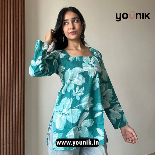 Latest Teal Green Floral Printed Cotton Short Kurti