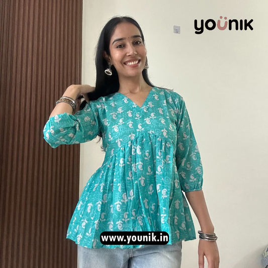 Sky Blue Floral Printed Short Kurti