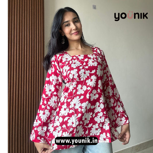 Crimson Red Floral Printed Pure Cotton Bell Sleeve Short Kurti