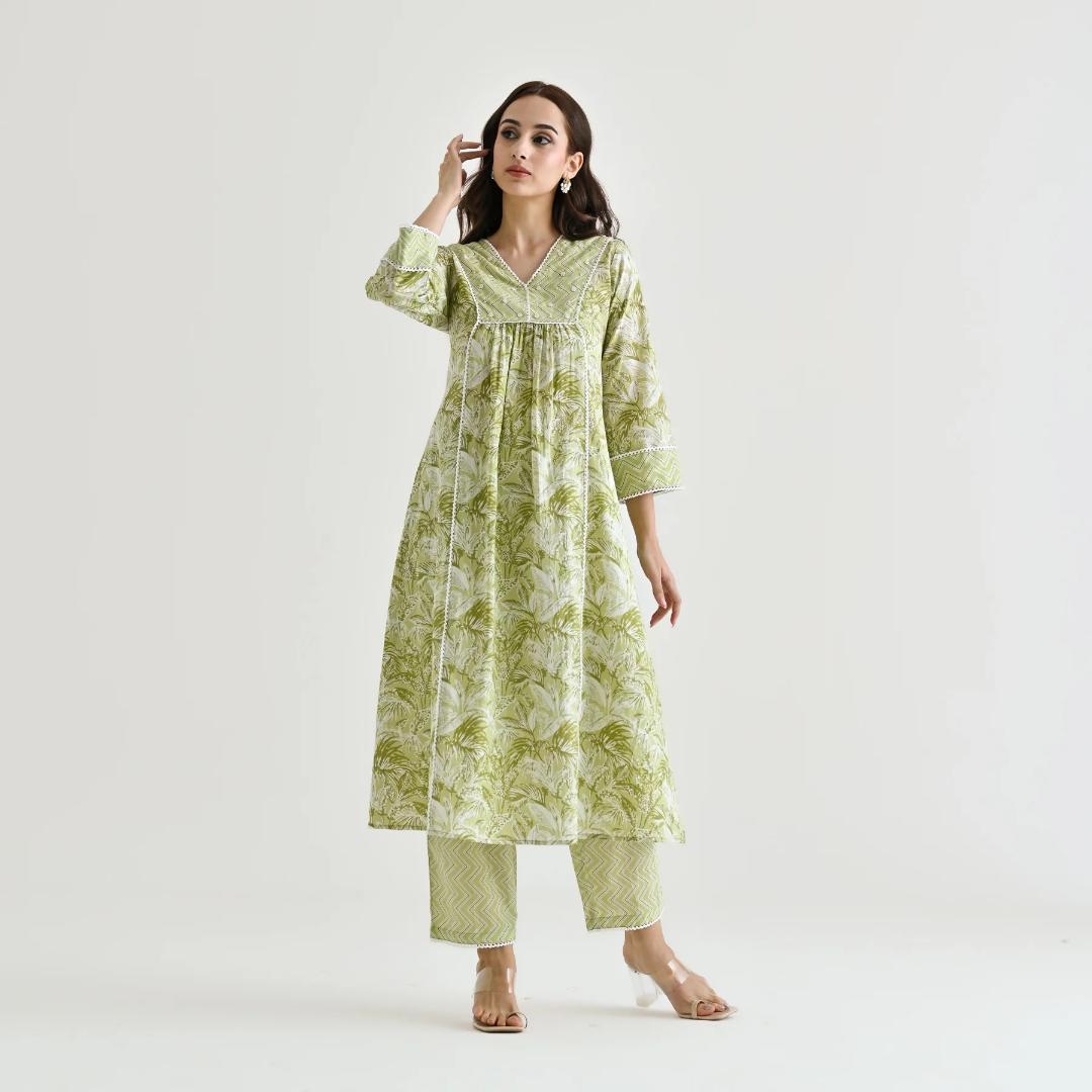 Lemon Moti Lace Work Cotton Kurti Set