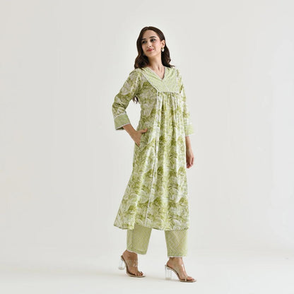 Lemon Moti Lace Work Cotton Kurti Set