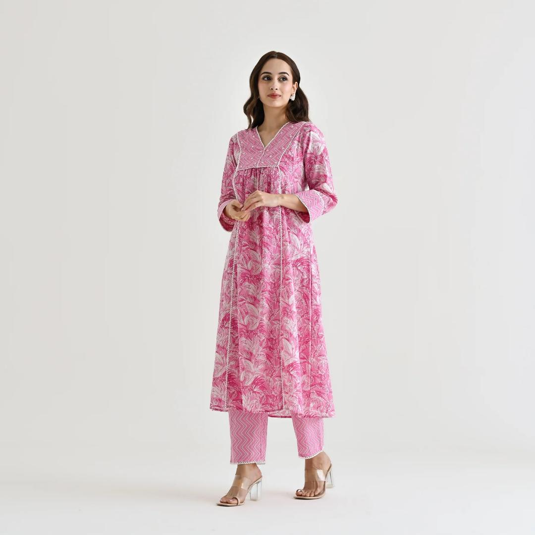 Pink Moti Lace Work Cotton Kurti Set