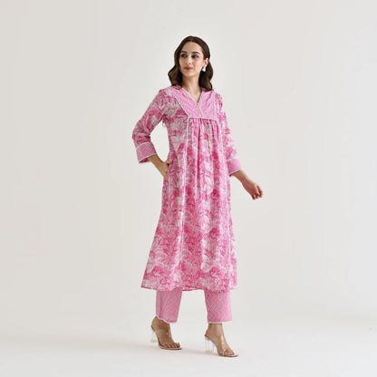 Pink Moti Lace Work Cotton Kurti Set