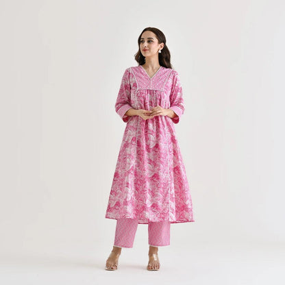 Pink Moti Lace Work Cotton Kurti Set