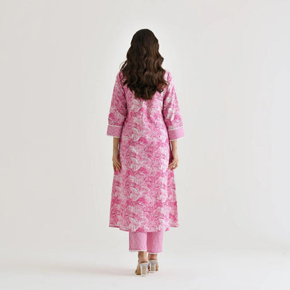 Pink Moti Lace Work Cotton Kurti Set