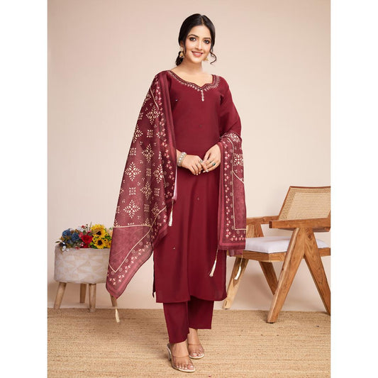 Maroon Mirror Hand Work Silk Kurti Set