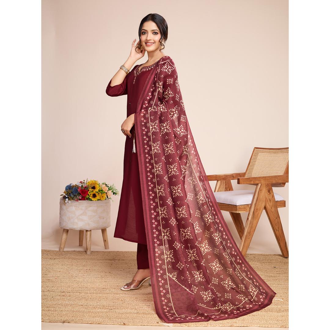 Maroon Mirror Hand Work Silk Kurti Set
