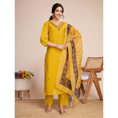 Yellow Embroidery Hand Mirror Silk Kurti Set