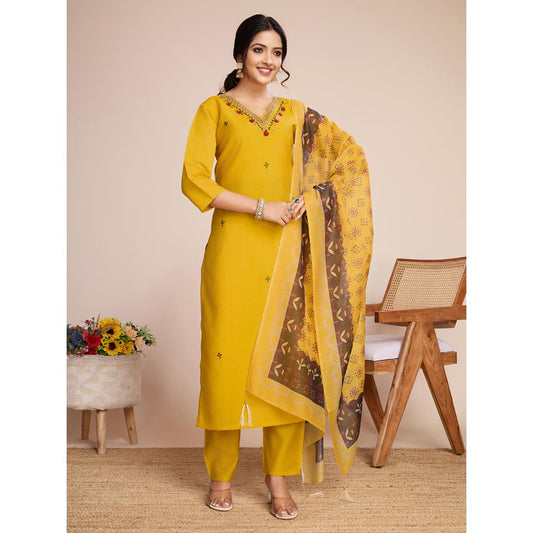 Yellow Embroidery Hand Mirror Silk Kurti Set