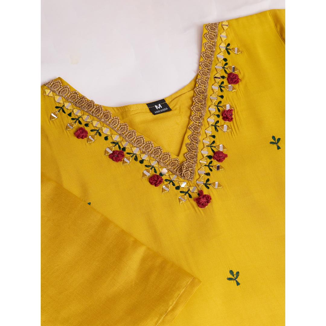 Yellow Embroidery Hand Mirror Silk Kurti Set