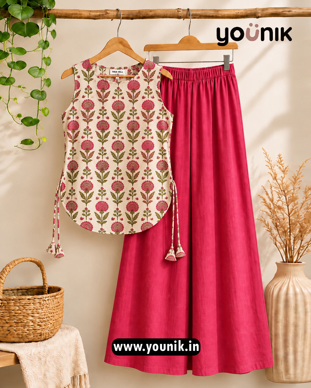 Pink Floral Printed Sleeveless Kurti Palazzo Co-Ord Set