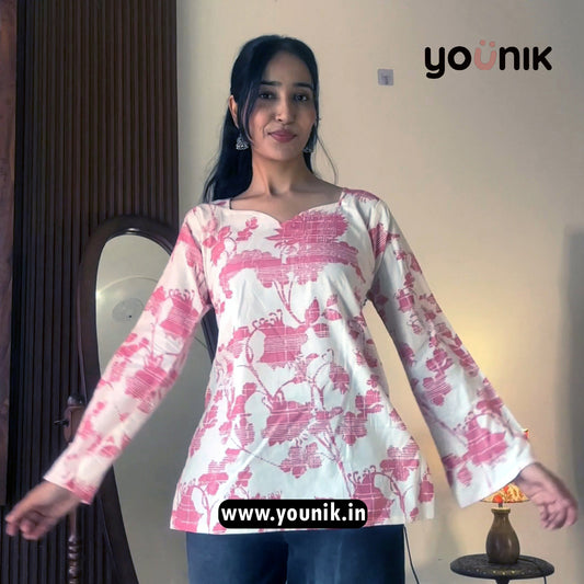 White And Pink Floral Printed Bell Sleeve Short Kurti