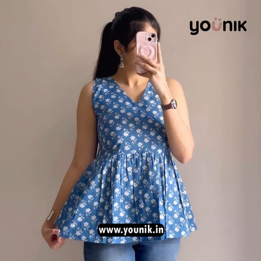 Blue Floral Printed Peplum Sleeveless Short Kurti