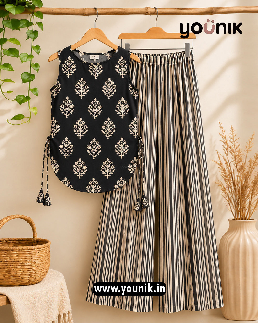 Black And Ivory Floral Printed Sleeveless Kurti Palazzo Co-Ord Set
