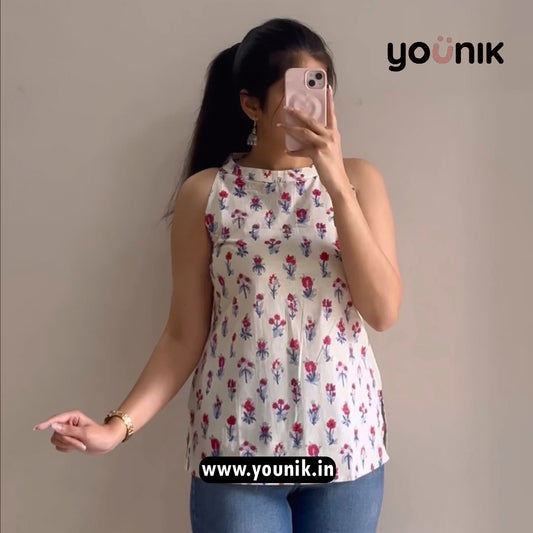 White Floral Printed Halter Neck Short Kurti