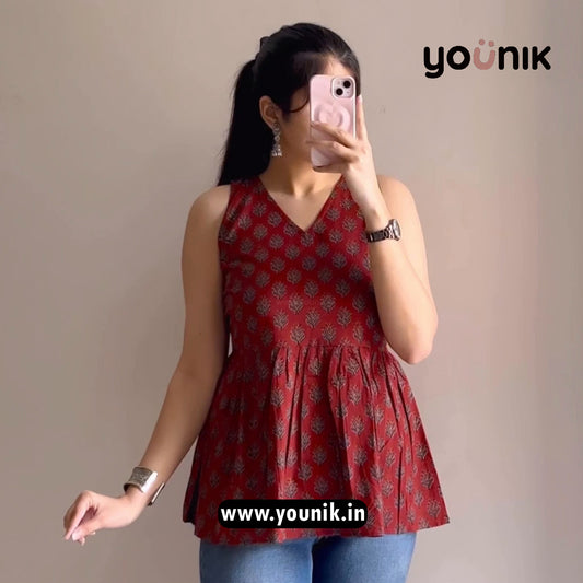 Marron Floral Printed Peplum Sleeveless Short Kurti