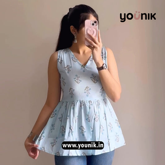 New Sky Blue Floral Printed Peplum Sleeveless Short Kurti