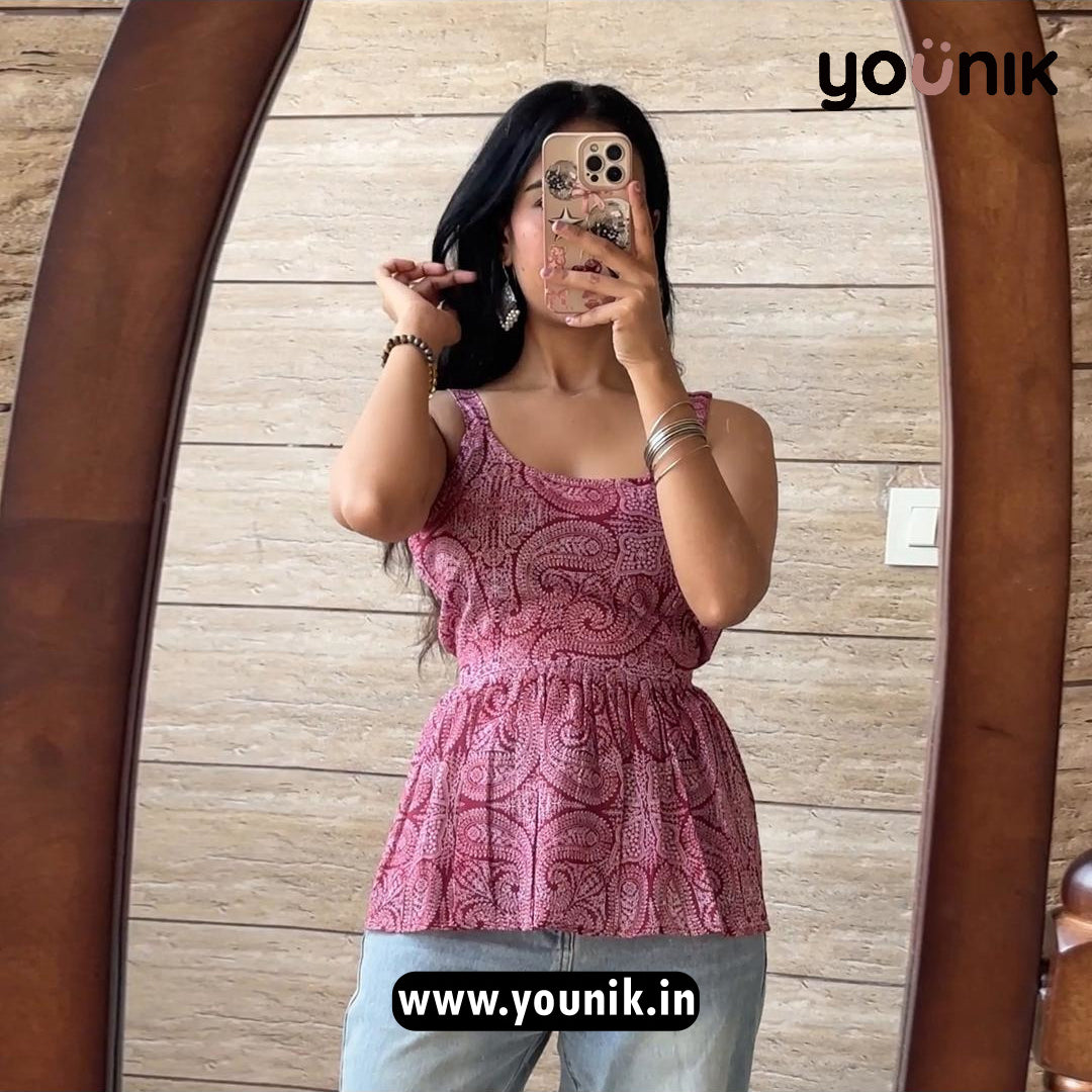 Maroon Paisley Printed Cotton Peplum Short Kurti