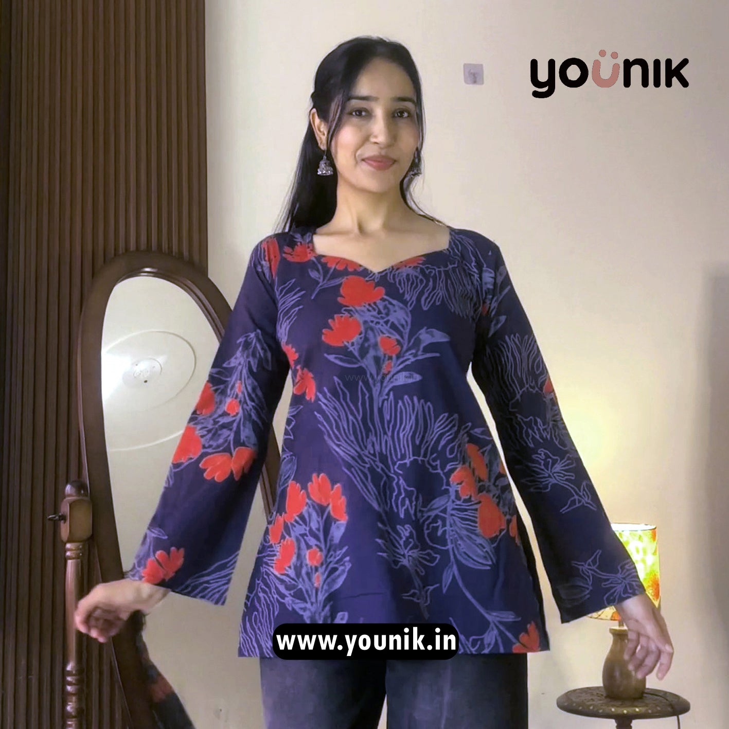 Navy Blue Floral Printed Bell Sleeve Short Kurti