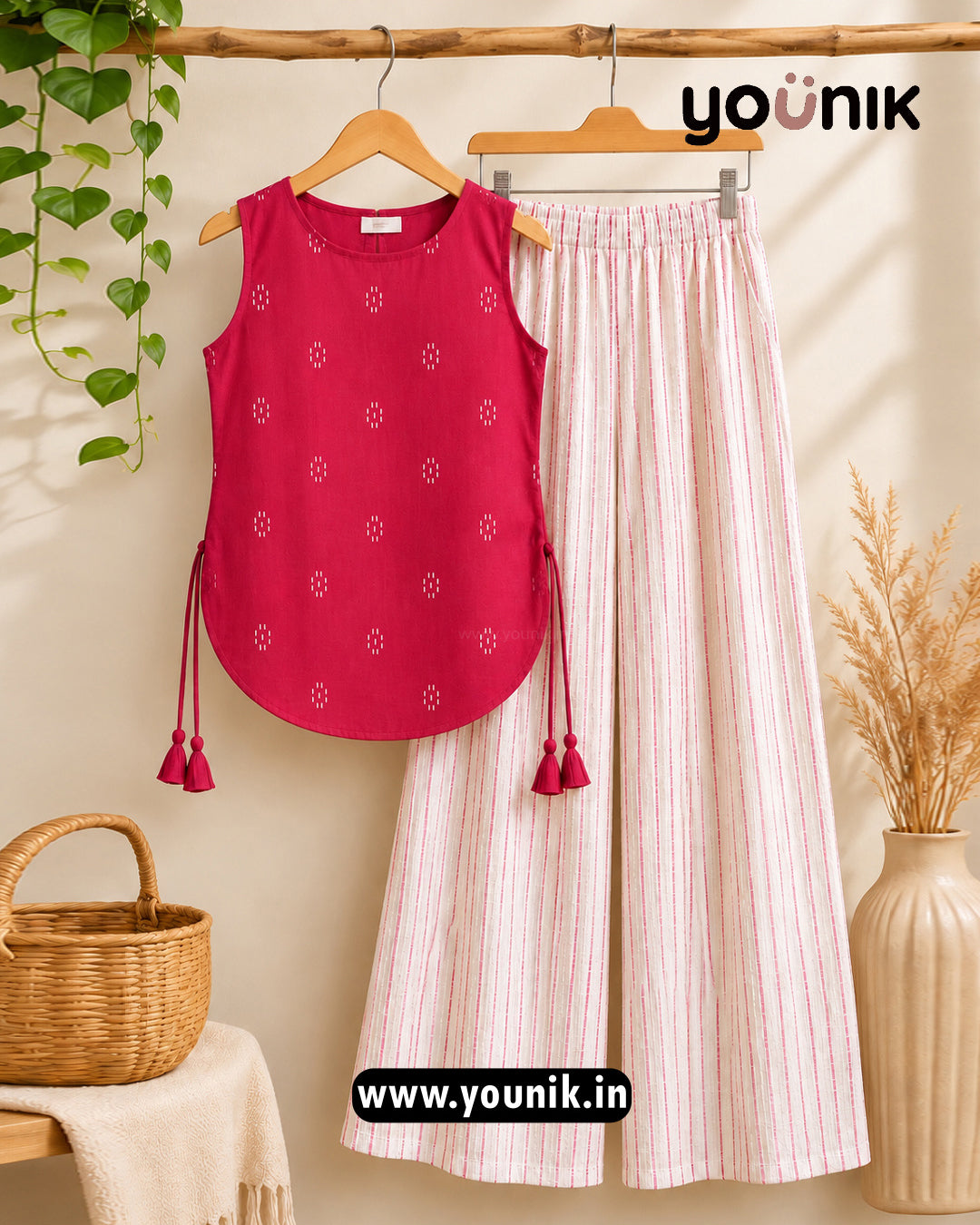 Pink Motif Printed Sleeveless Kurti Palazzo Co-Ord Set