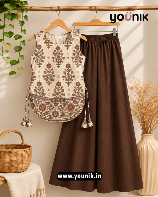 Brown Floral Printed Sleeveless Kurti Palazzo Co-Ord Set