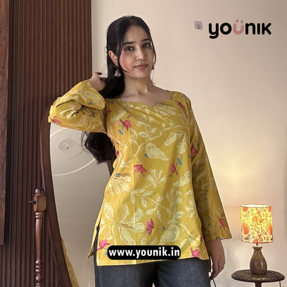 Yellow Leaf Printed Bell Sleeve Short Kurti