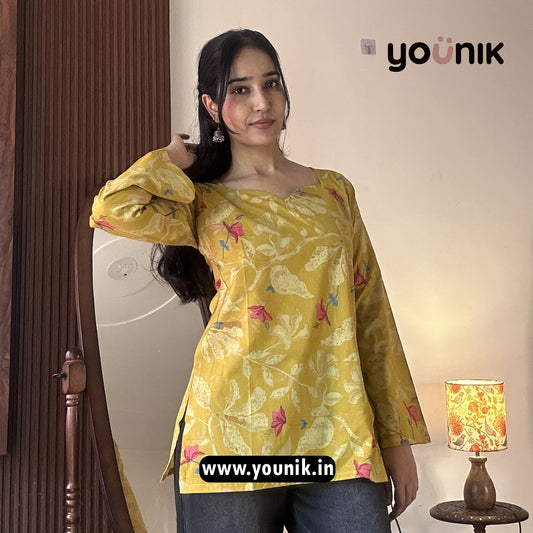 Yellow Leaf Printed Bell Sleeve Short Kurti