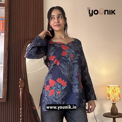 Navy Blue Floral Printed Bell Sleeve Short Kurti