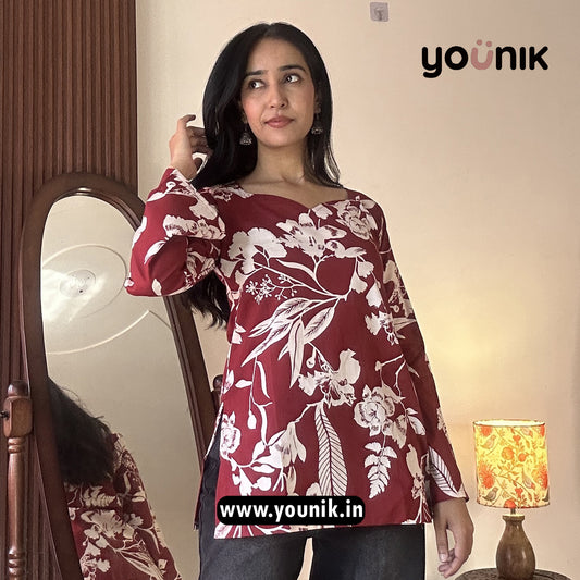 Maroon And White Printed Bell Sleeve Short Kurti