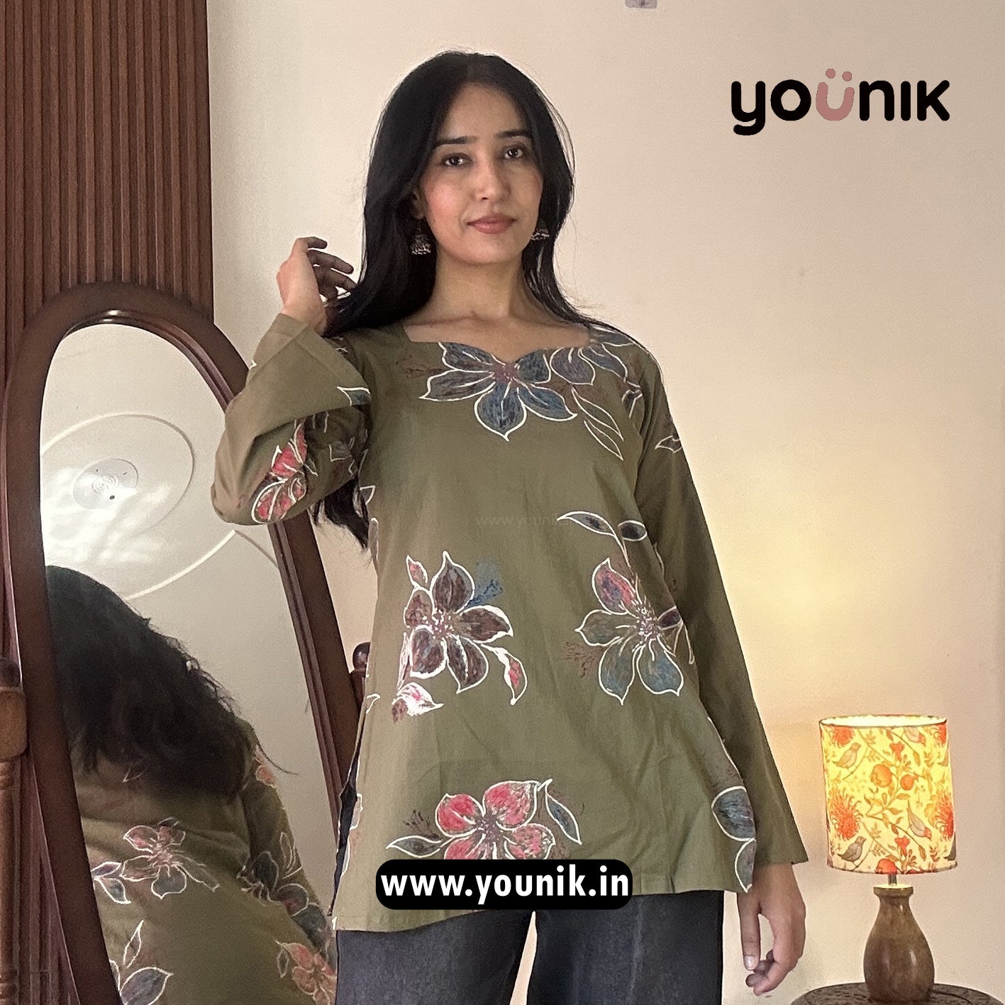 Olive Green Floral Printed Bell Sleeve Short Kurti