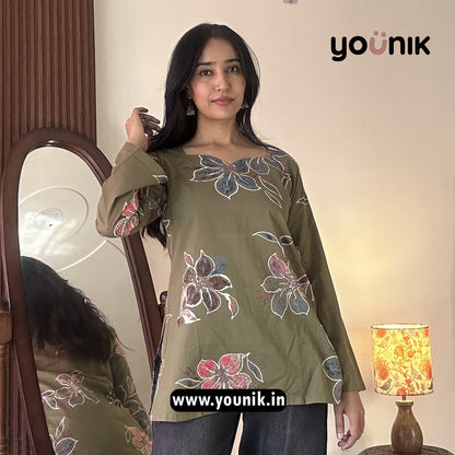 Olive Green Floral Printed Bell Sleeve Short Kurti
