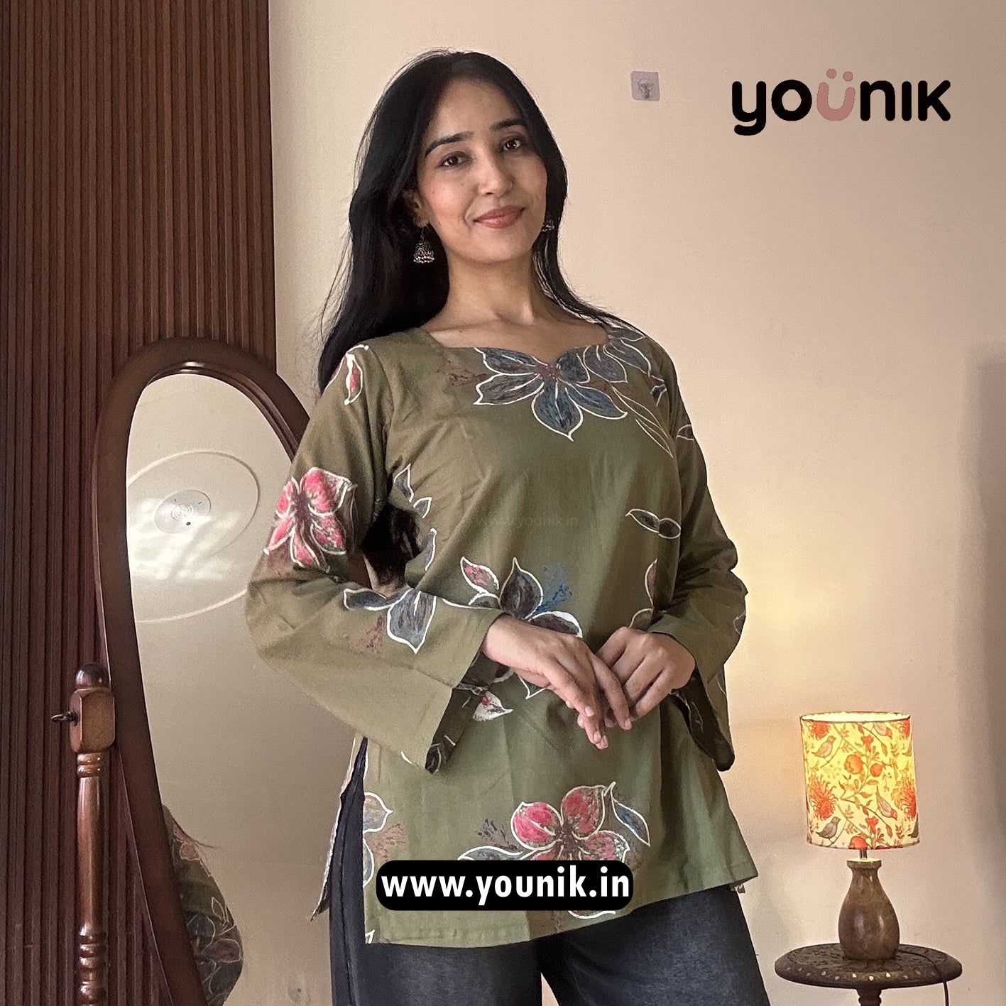 Olive Green Floral Printed Bell Sleeve Short Kurti