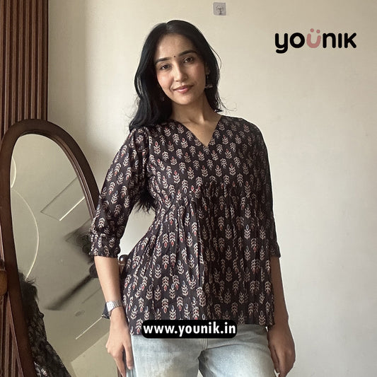 Black Leaf Motif Printed Peplum Short Kurti