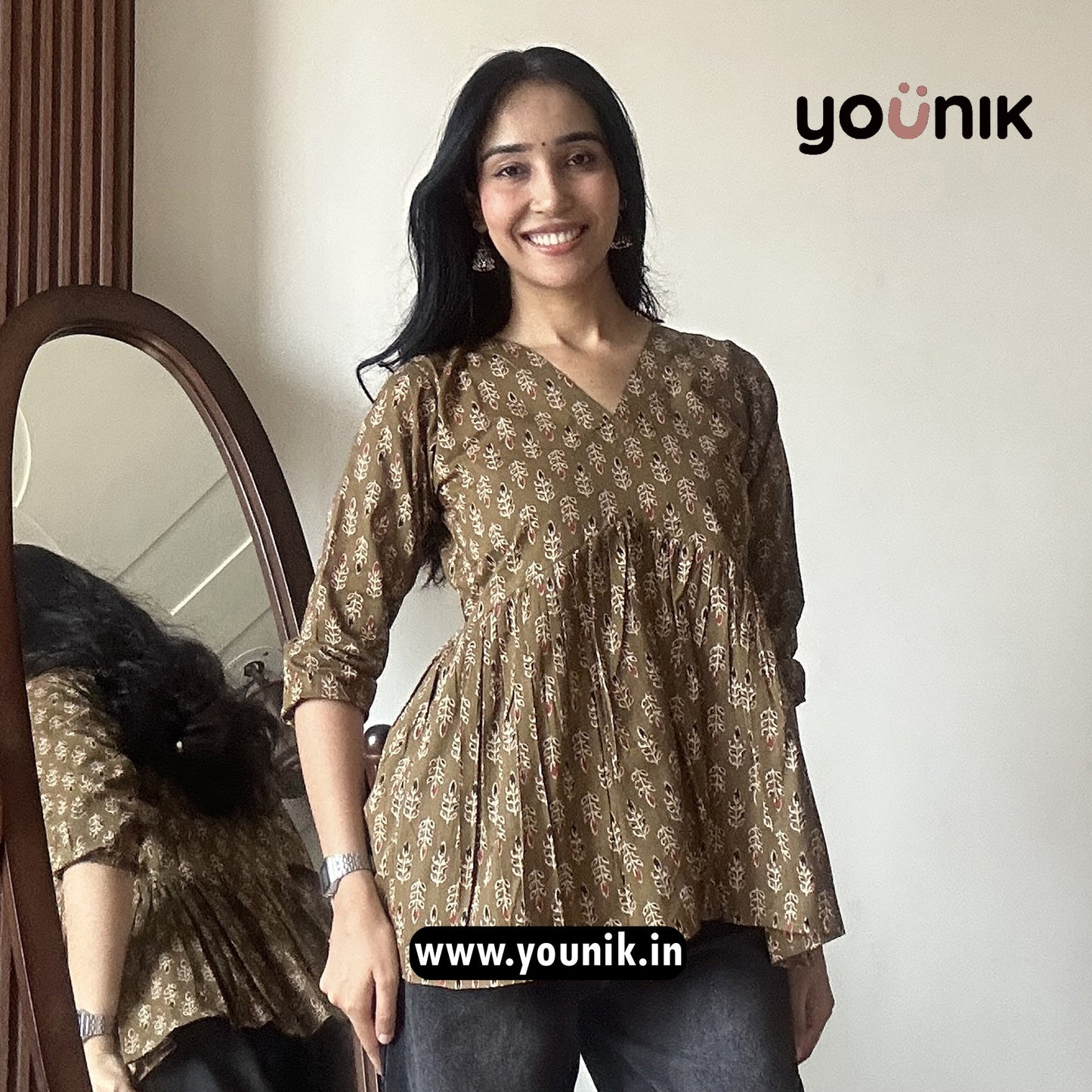 Olive Green Leaf Motif Printed Peplum Short Kurti