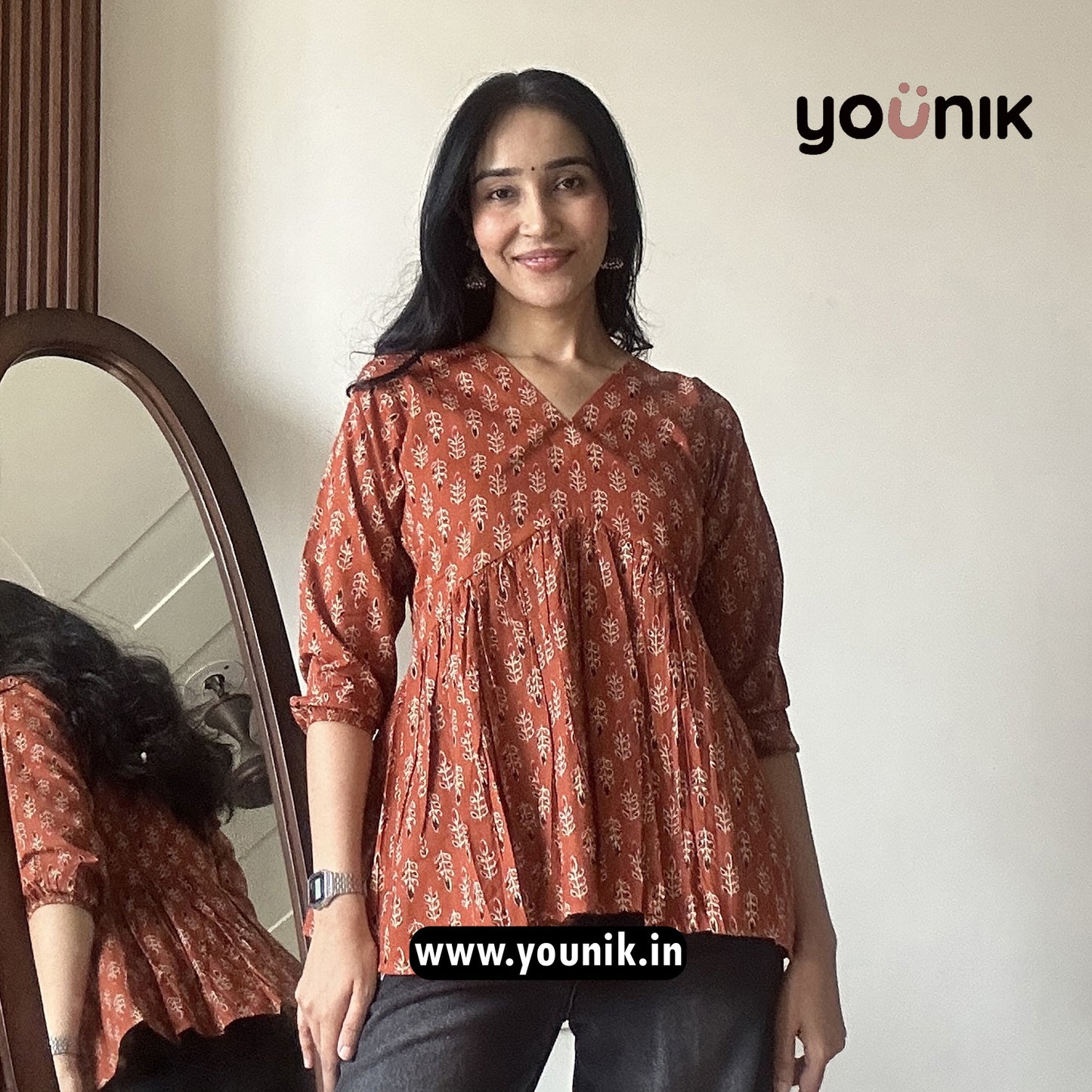 Rust Red Leaf Motif Printed Peplum Short Kurti