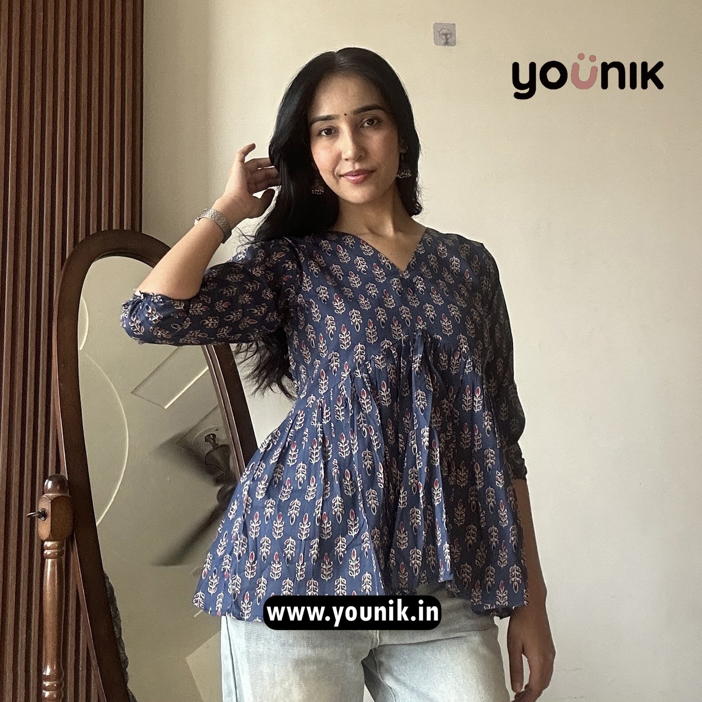 Navy Blue Leaf Motif Printed Peplum Short Kurti