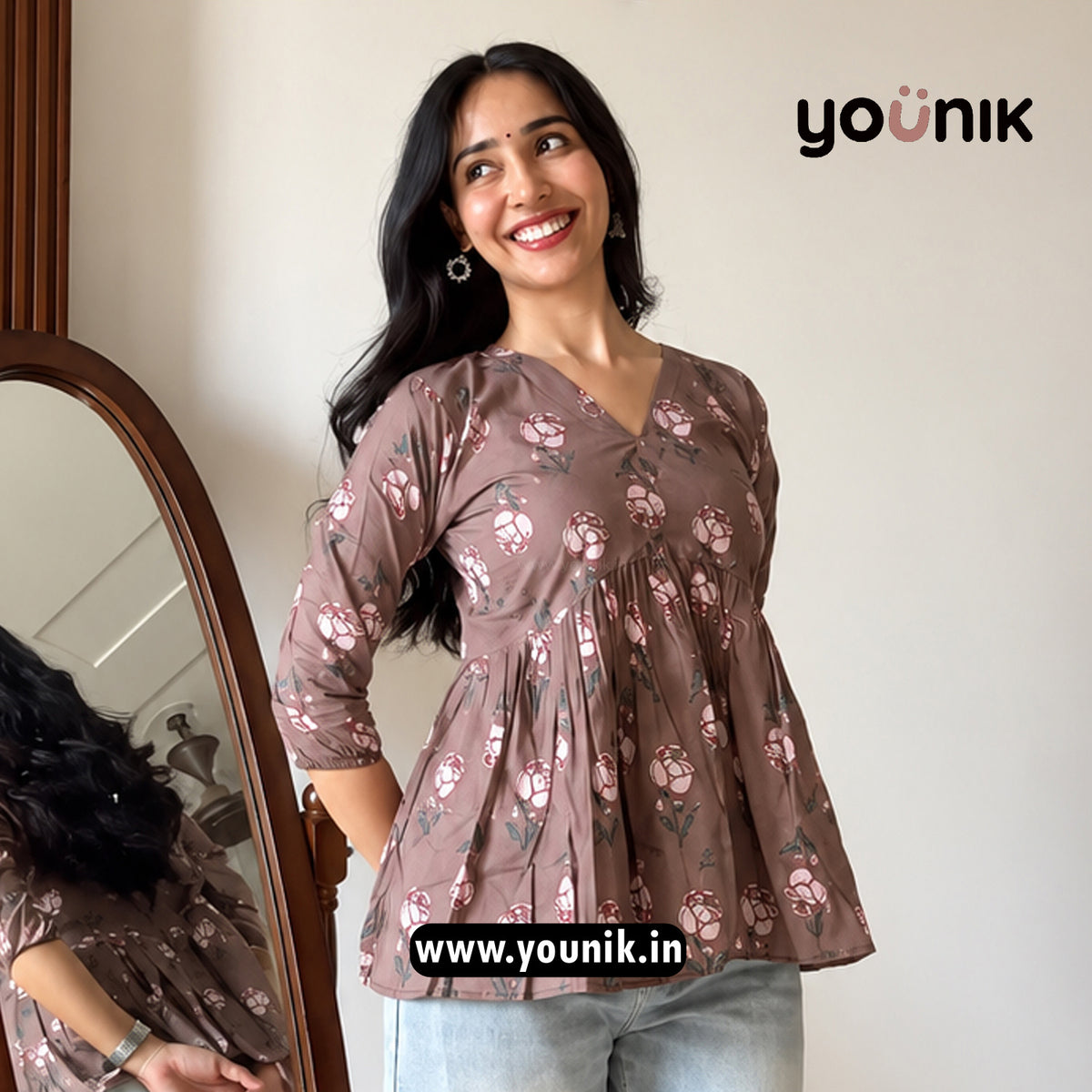 Dusty Mauve Printed Peplum Style Short Kurti