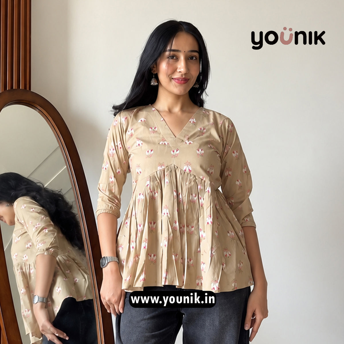 Beige Floral Printed Peplum Style Short Kurti