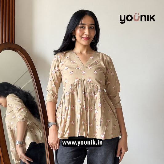Beige Floral Printed Peplum Style Short Kurti