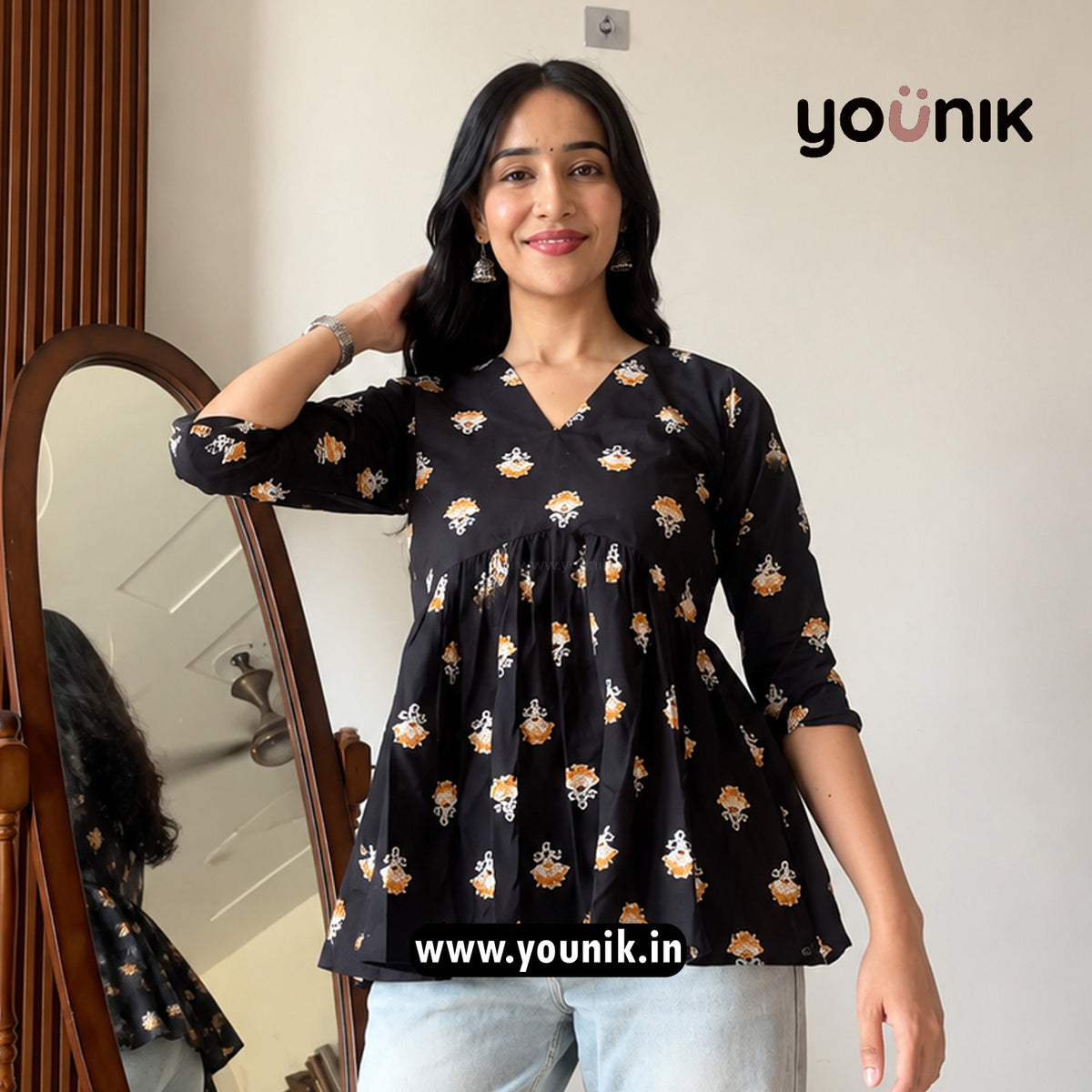 Black Bloom Printed Peplum Style Short Kurti