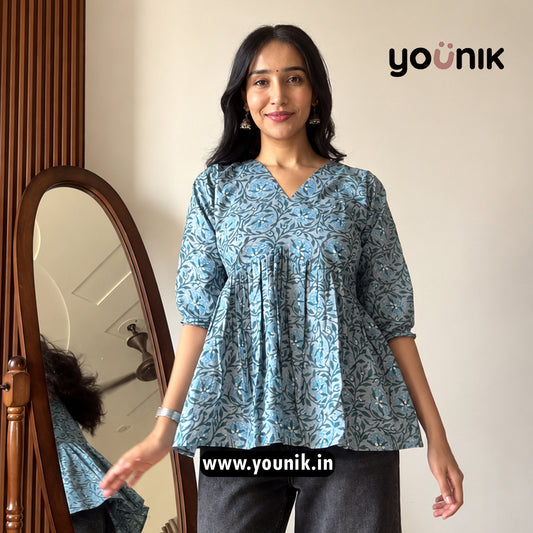 Sky Blue Botanical Printed Peplum Style Short Kurti